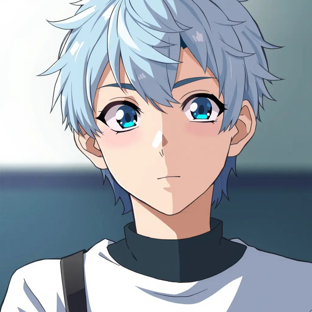 بأسلوب انمي انشيء شاب بشعر ابيض يميل للزرقة واعينه زرقاء