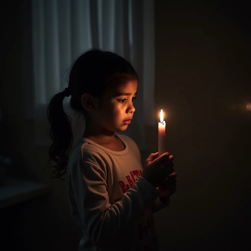 غرفه مظلمه وبها فتاه شابه وتحمل شمعه وتبكي