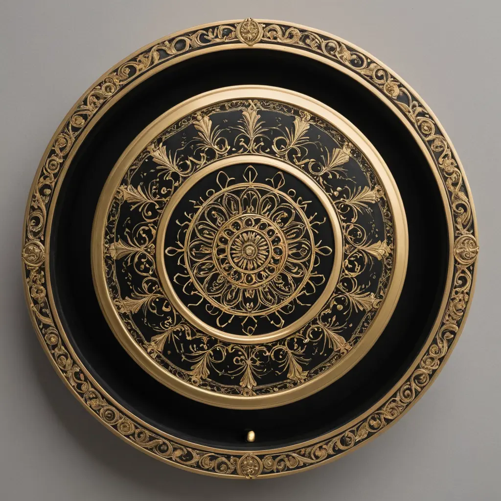 صورة دائرية مزخرفة بداخلها اسطواة سوداء مزخرفة ذهبية