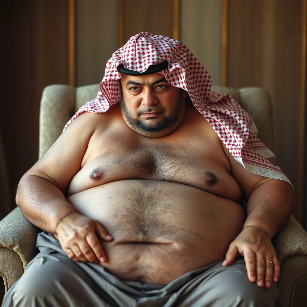 رجل سمين خمسيني سعودي غير راض عن جسمه ووزنه
وحزين ،جالس على كرسي