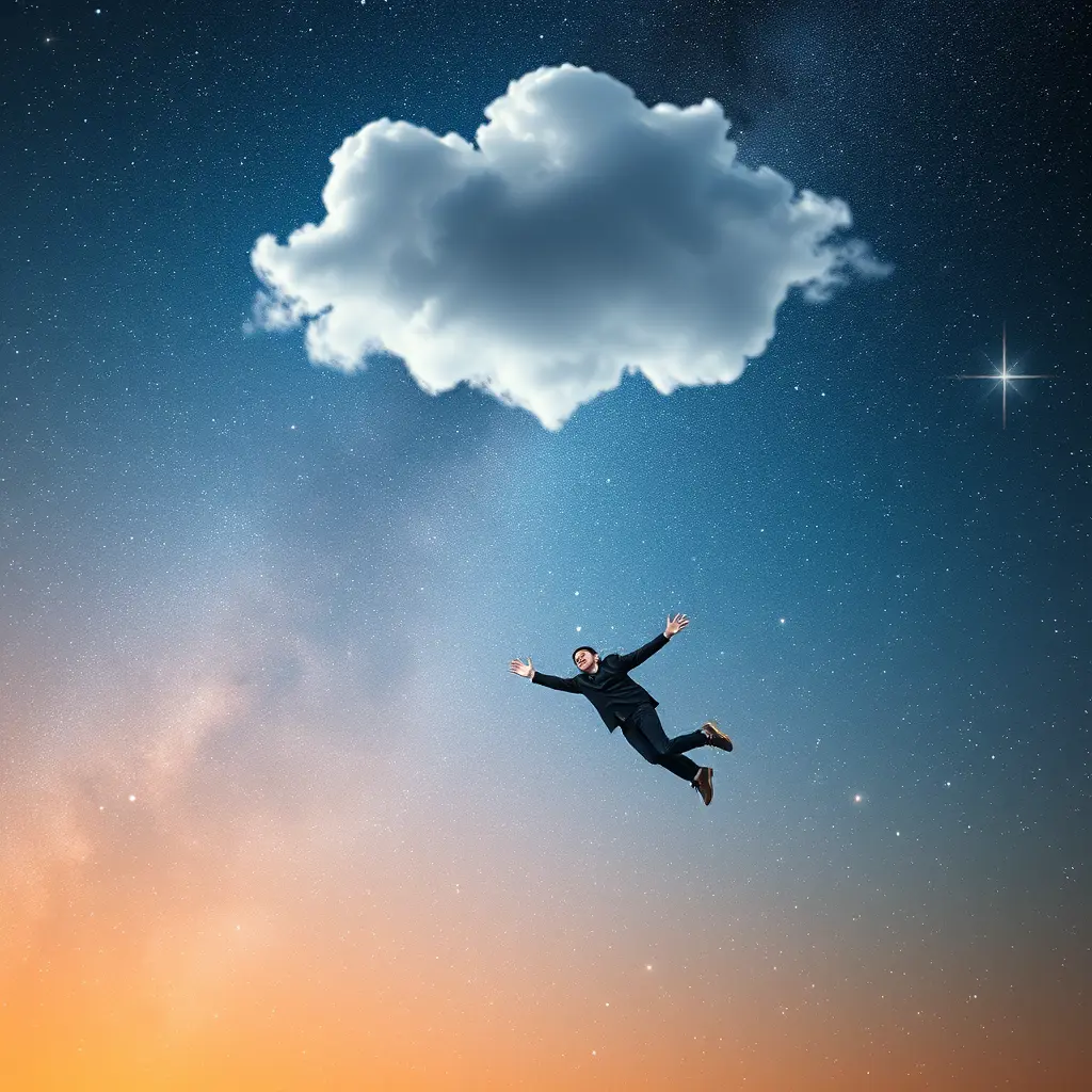 شخص يقع من السماء والخلفية تكون سماويه جميله و عليها نجوم مضيئه وسحابه فوق الشخص