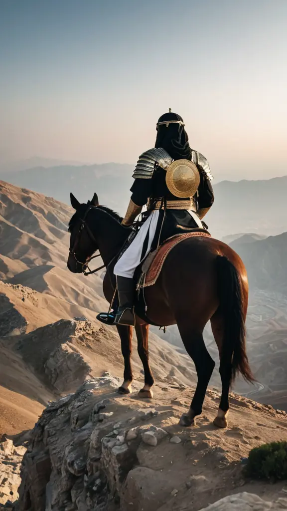 فارس عربي على حصان اعلى الجبل من ظهره