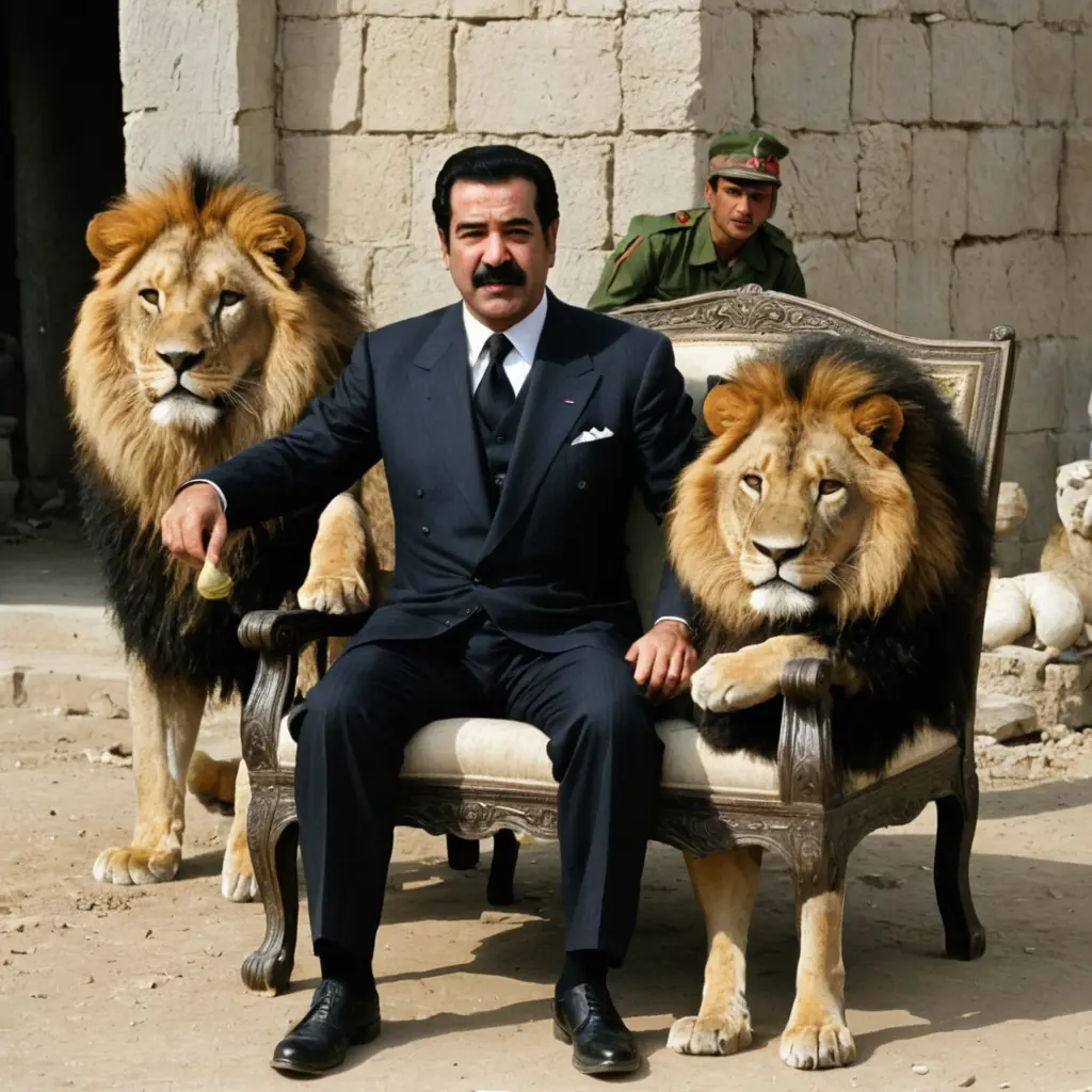 صدام حسين في غزة على كرسي بجانبه أسد