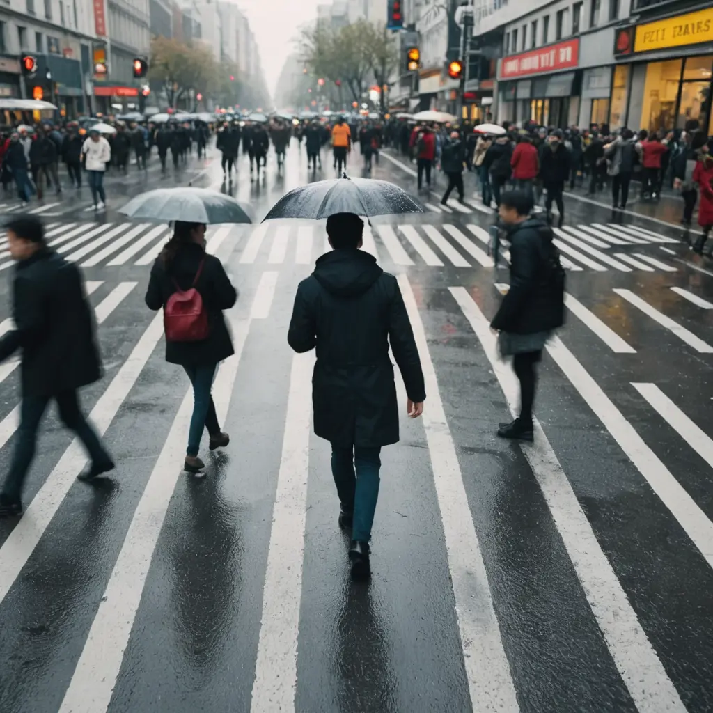 ممر مشاة مزدحم، تصوير بطيء، حركة الناس غير واضحة، شخص واحد واضح، يوم ماطر، لمعان على الأرض المبللة