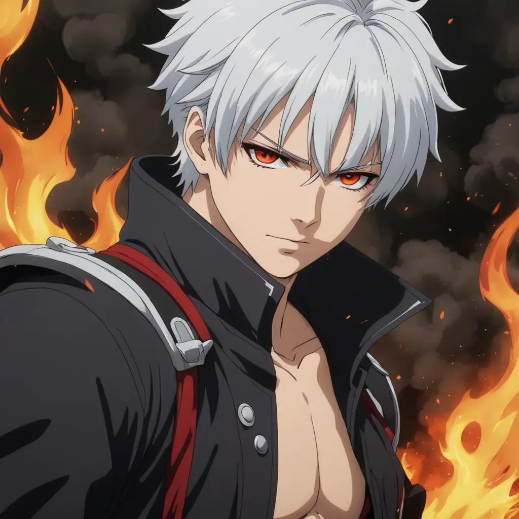 شخصية انمي شاب شعره ابيض مشتعل عيناه بيضوان تخرجان منها الدخان مع سيلان الدماء سوداء منهما لديه ندبة حمراء غامقة جدا في وجهه