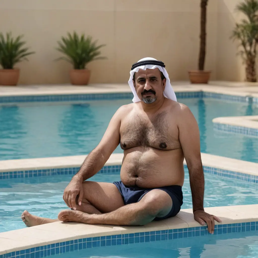 رجل خمسيني سعودي لابس كلسون وجالس في حمام السباحه