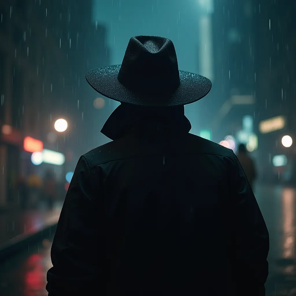 رجل يرتدي قبعة لا تظهر ملامحه في مدينة من المستقبل ممطرة و مظلمة في الليل