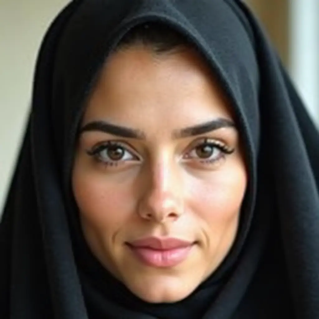 الوجه بيضاوي الشكل ومتناسق الملامح.
البشرة فاتحة مائلة للقمحية، ناعمة ونقية بدون شوائب ظاهرة.
العينان واسعتان بلون بني غامق، تنظران بهدوء وثقة.
الحاجبان مستقيمان ومتقوسان قليلاً، يضفيان توازناً على الملامح.
الأنف مستقيم ومتوسط الحجم، يتناسب مع شكل الوجه.
الشفاه متوسطة الحجم بلون وردي طبيعي، مغلقة بتعبير محايد.
الخدان ممتلئان قليلاً ويبرزان نضارة الوجه.
الفك محدد ولكن ناعم، يعكس أنوثة وهدوء في الشخصية.
الجبين عريض ومغطى جزئياً بالحجاب، لكنه متناسق مع باقي الوجه.
الحجاب الأسود يغطي الشعر بالكامل ويُظهر الوجه بشكل أنيق ومحترم.