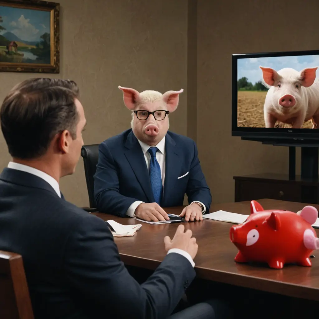 خنزير يرتدي بدلة ويتحدث في التلفزيون ويشاهدوا مجموعة من الخنزير