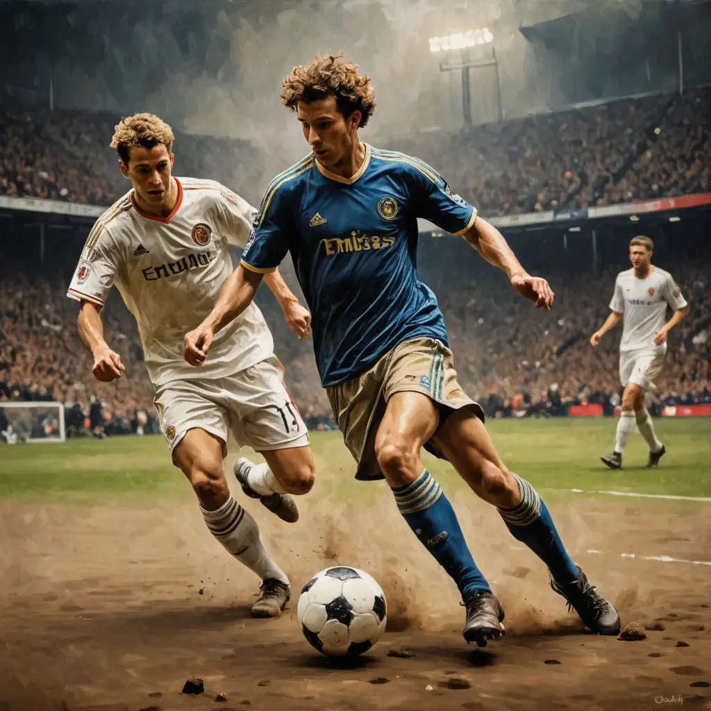 rough oil painting, soccer game, photographic style, Rembrandt style