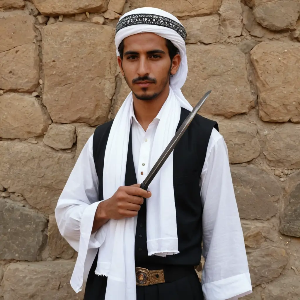 الجمبيه اليمنيه اقصد الخنجر في الزي الشعبي الرجالي اليمني عليها الوشاح الابيض والمنقط بالاسود الفلسطيني فل بصوره رسمه ولا يجد فيها صوره اي إنسان جمبيه عليها وشاح فقط