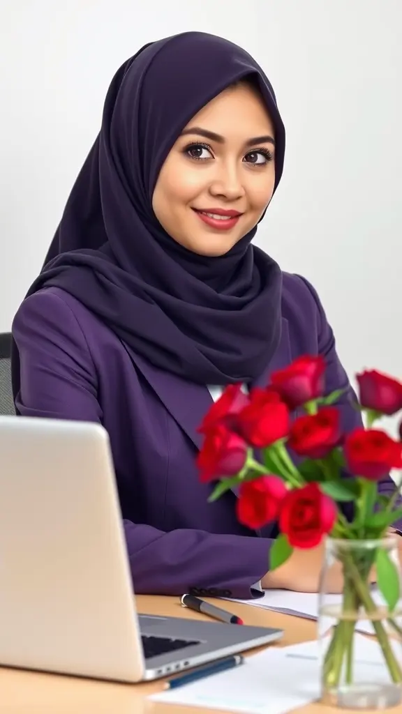 بنت جميلة محجبة حجاب عصري تنظر في عيني وهيا مبتسمة وخجولة وتجلس علي المكتب وهي تلبس بدلة رسمية نسائية لونها موف وامامها علي المكتب لاب توب ومستندات واقلام وزهرية بها ورد احمر وموف