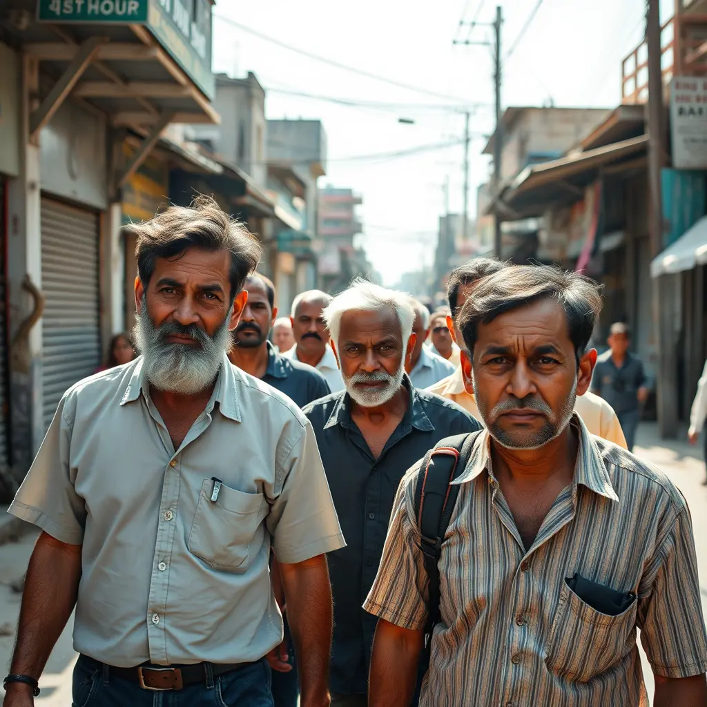 مجموعة رجال يمشون في الشارع تحت حرارة الشمس ويبدو عليهم التعب