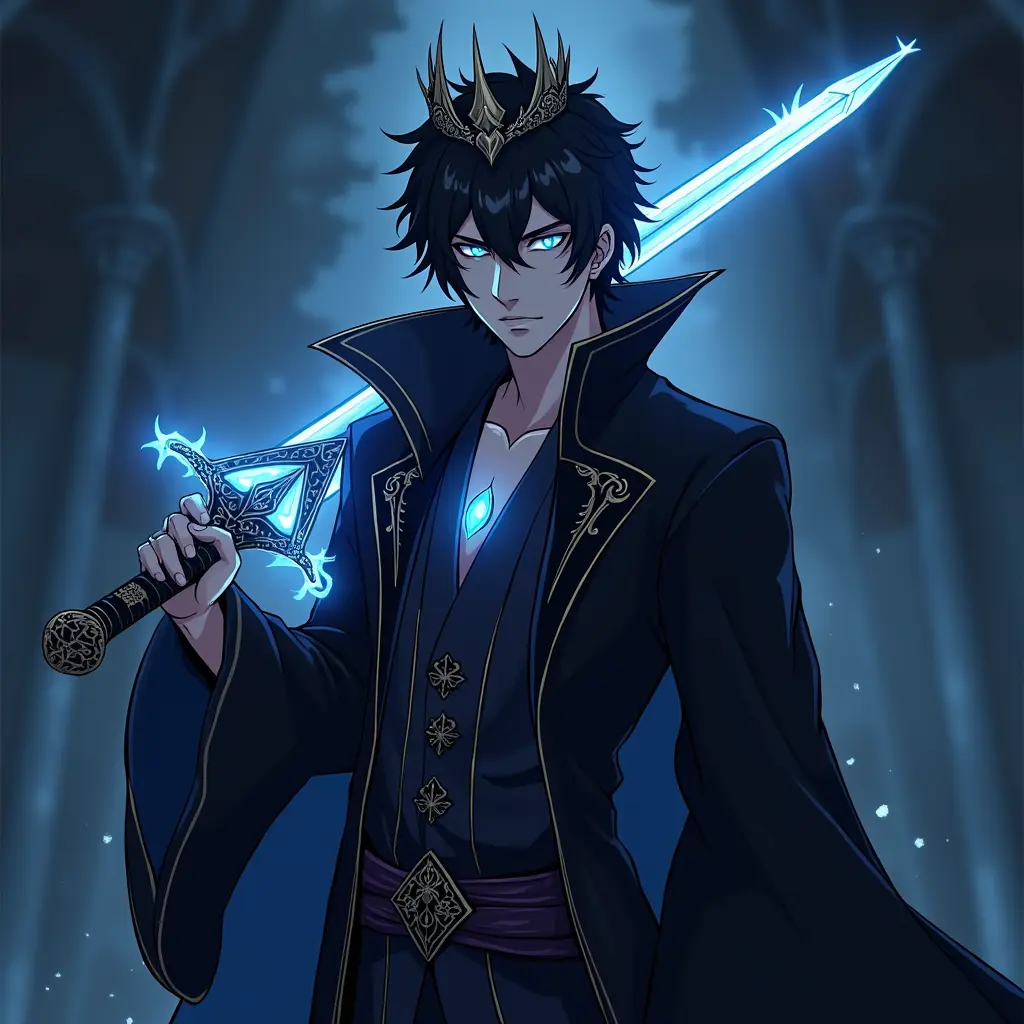 شخصيه انمي غامضه شريره لديها شعر اسود بعيون زرقاء متوهجه وتاج ناري علي رأسه يلبس رداء فخم ويمتلك قوه سحريه خارقه ويمتلك سيف اسود سحري يلمع بضوء الي بخلفيه ليليه وضع عليها لوجو ب اسم Nightmare King بطريقه احترافيه
