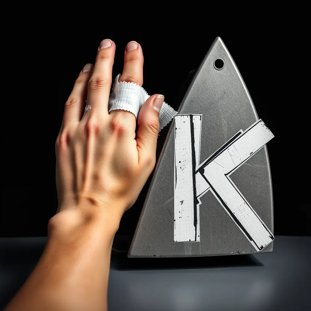 صورة ايد مجروحة عليها شاش جنب لافتا مكتوب حديد عليها حرف k