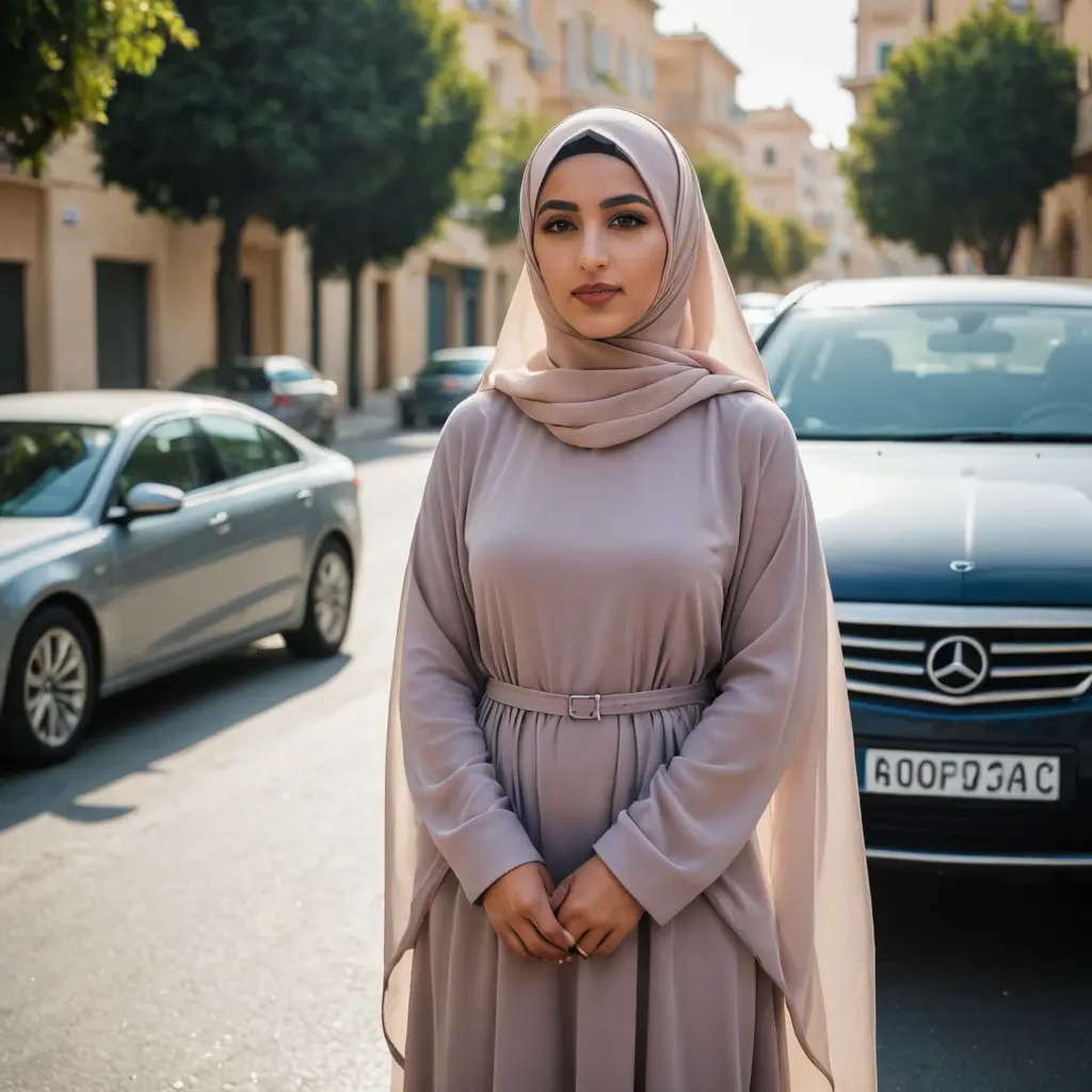 بنت عربية محجبة تقف امام سيارة في الشارع عمرها 27 عام ترتدي درس وحجاب
