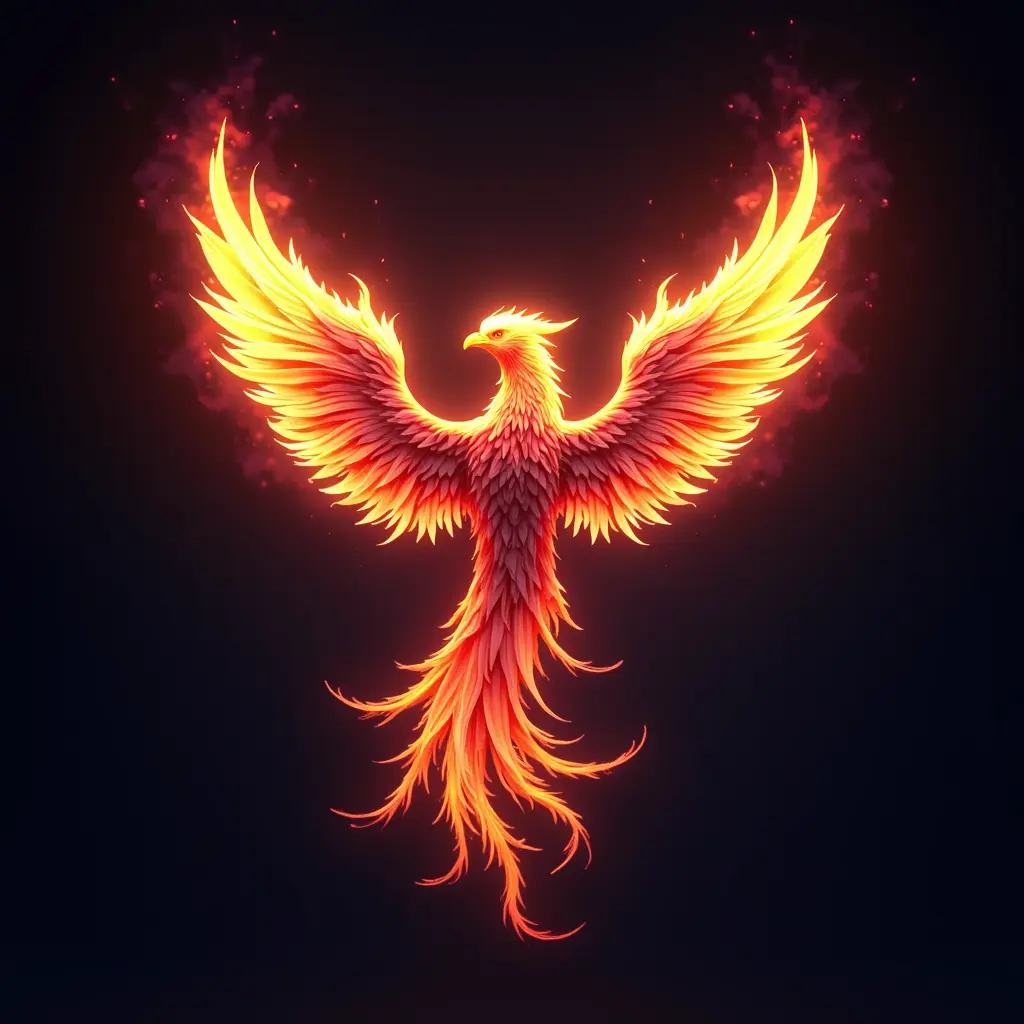 شعار طائر العنقاء يخرج من نيران رقمية، بمظهر مستقبلي وألوان نيون مضيئة، ثلاثي الأبعاد