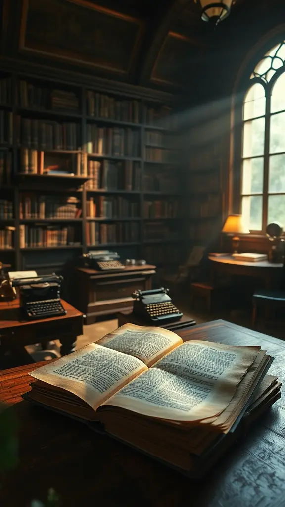 في مكتبة عتيقة دافئة ذات إضاءة خافتة، تفوح منها رائحة الورق والحبر العتيق، يرقد كتاب كبير ذو غلاف جلدي مفتوحًا على طاولة خشبية عتيقة. يكشف الكتاب المفتوح عن خطوط دقيقة وصفحات مذهبة. يتسلل ضوء الشمس الناعم من خلال النوافذ المتربة، مُلقيًا بظلال طويلة على الغرفة. يزخر المكان بآلات كاتبة عتيقة ومصابيح عتيقة ورفوف تصطف على جانبيها كتب لا تُحصى بأحجام وألوان متنوعة. يُلتقط هذا المشهد في صورة سينمائية حنينية، تُبرز درجات الإضاءة الذهبية الدافئة، مُستحضرةً شعورًا بالأناقة الخالدة والسحر الأدبي.
