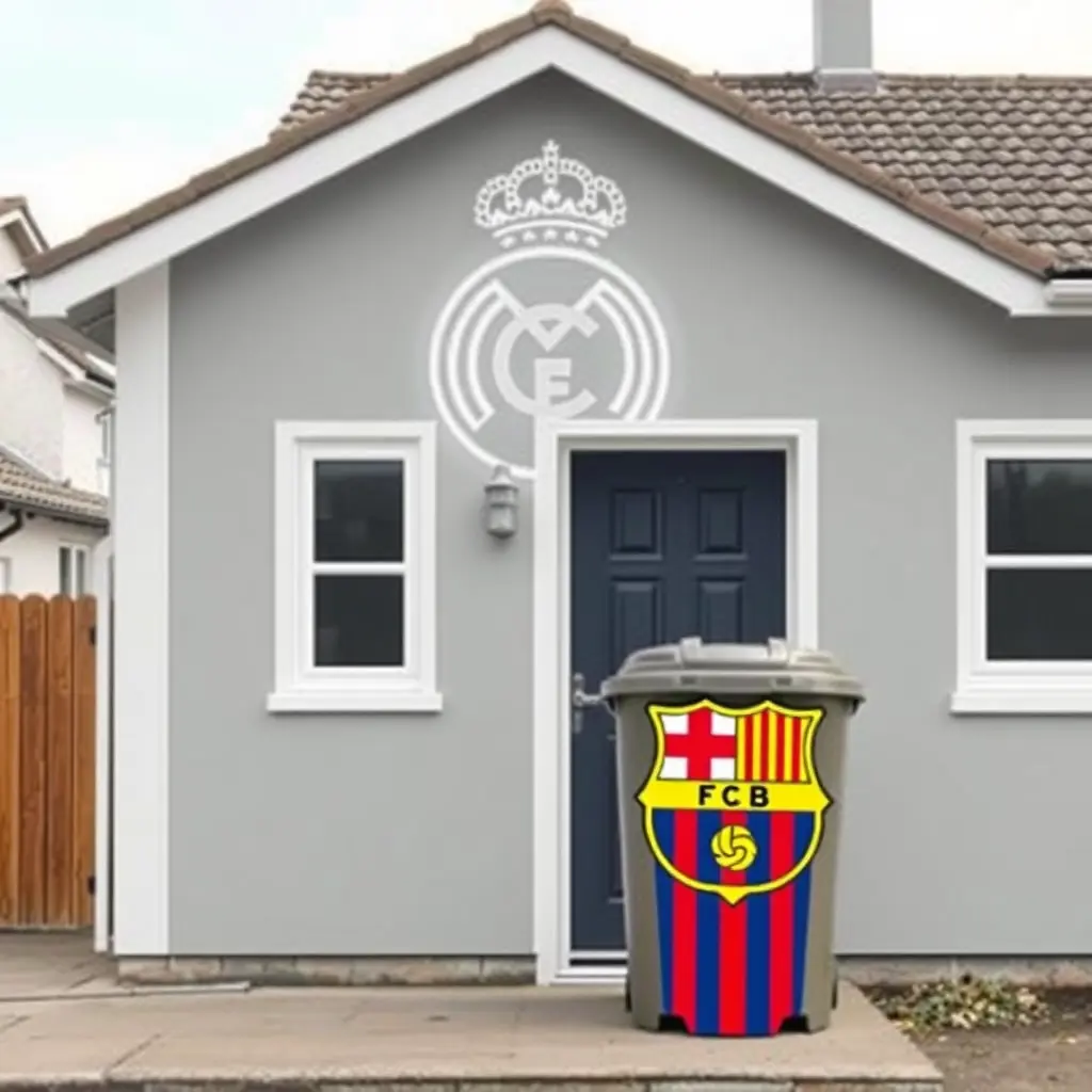 صورة لمنزل مرسوم عليه شعار نادي ريال مدريد الإسباني و عند باب المنزل ضع سلة زبالة مرسوم عليها شعار نادي برشلونة الإسباني