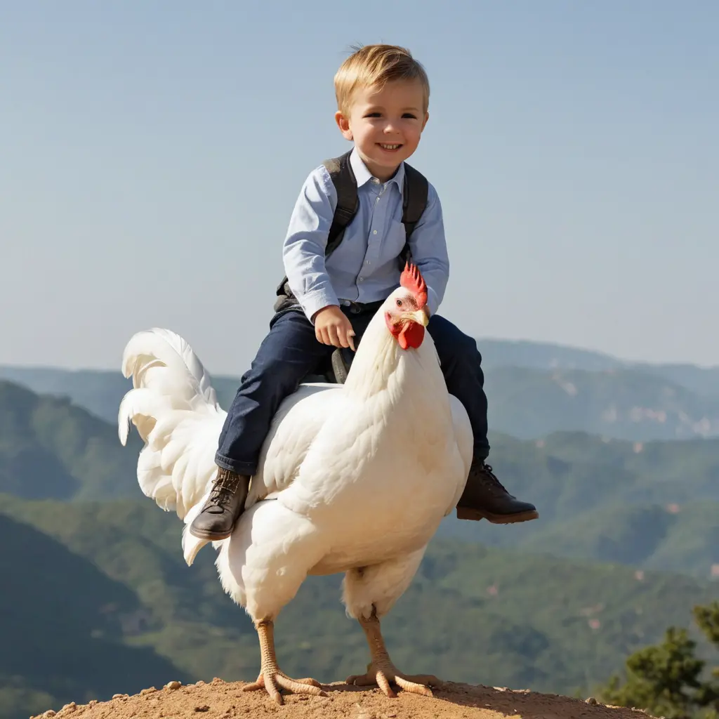ولد صغير يركب فوق دجاجه بيضاء