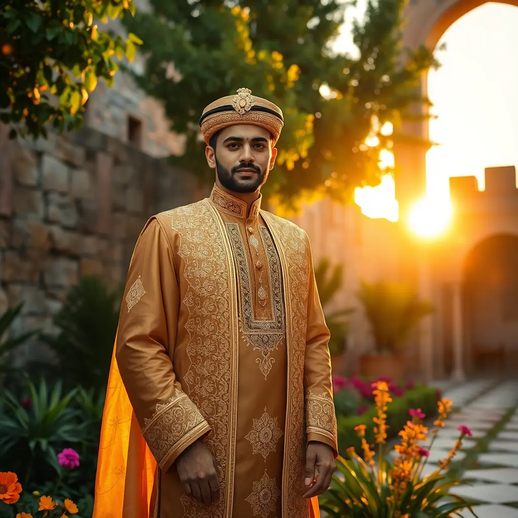 عريس يرتدي الزي اليمني التقليدي، المزين بتطريزات معقدة وتفاصيل بخيوط ذهبية، يقف متألقًا في فستان زفاف صنعاء. يلتقط القماش الغني الضوء، مما يخلق توهجًا دراميًا يعزز مظهره الأنيق. محاطًا بالخضرة المورقة والزخارف الزهرية النابضة بالحياة، يتم وضعه على خلفية من الجدران الحجرية القديمة والأقواس المزخرفة. تلقي الشمس الغاربة درجات ذهبية دافئة على المشهد، مما يضيف جوًا ساحرًا وساحرًا. تم التقاط هذه الصورة بأسلوب الرسم الرقمي، وهي تنضح بالجمال الخالد والتراث الثقافي. (فيديو) تتحرك الكاميرا ببطء عبر العريس الذي يقف بفخر في فستان زفافه صنعاء، مما يسلط الضوء على مظهره المذهل والتفاصيل المعقدة لملابسه. تتحرك العدسة لتكشف عن الخضرة المورقة والزخارف الزهرية النابضة بالحياة المحيطة به قبل أن تستقر على الضوء الذهبي الدافئ لغروب الشمس الذي يلقي توهجًا ساحرًا على المشهد. تم تصوير الفيديو بدقة 4K مع تحريك سلس وتركيز ناعم على العريس، مما يخلق تجربة بصرية رائعة وجذابة.