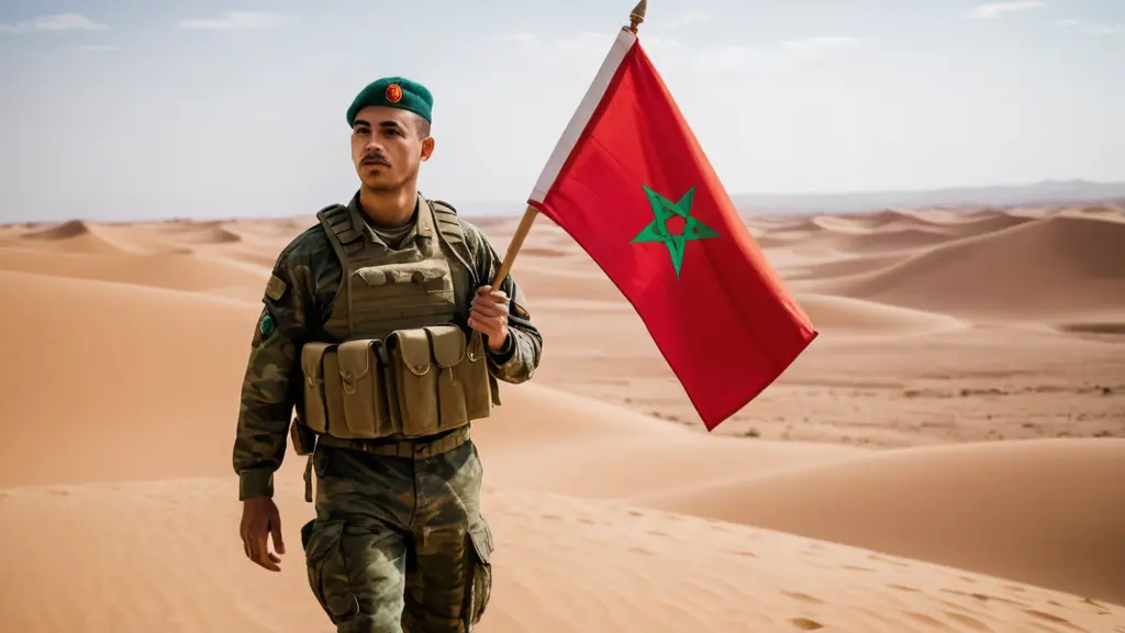 صورة لجندي يحمل الراية المغربية في صحراء جميلة