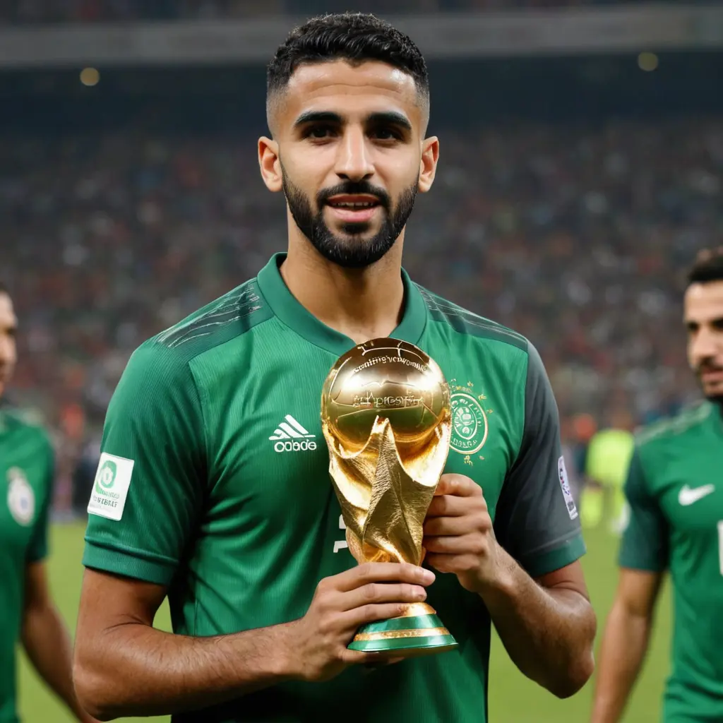 صورة لرياض محرز وجهه الحقيقي لاعب المنخب الجزائري يحمل كأس العالم مع منتخب الجزائر