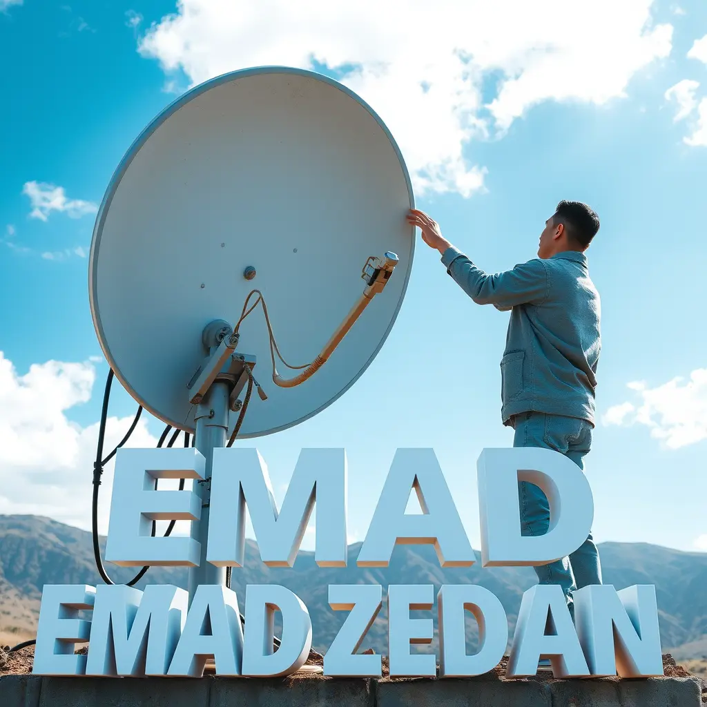 صورة لشخص يقوم بضبط طبق ستالايت ومكتوب تحته EMAD ZEDAN بخط 3ؤd