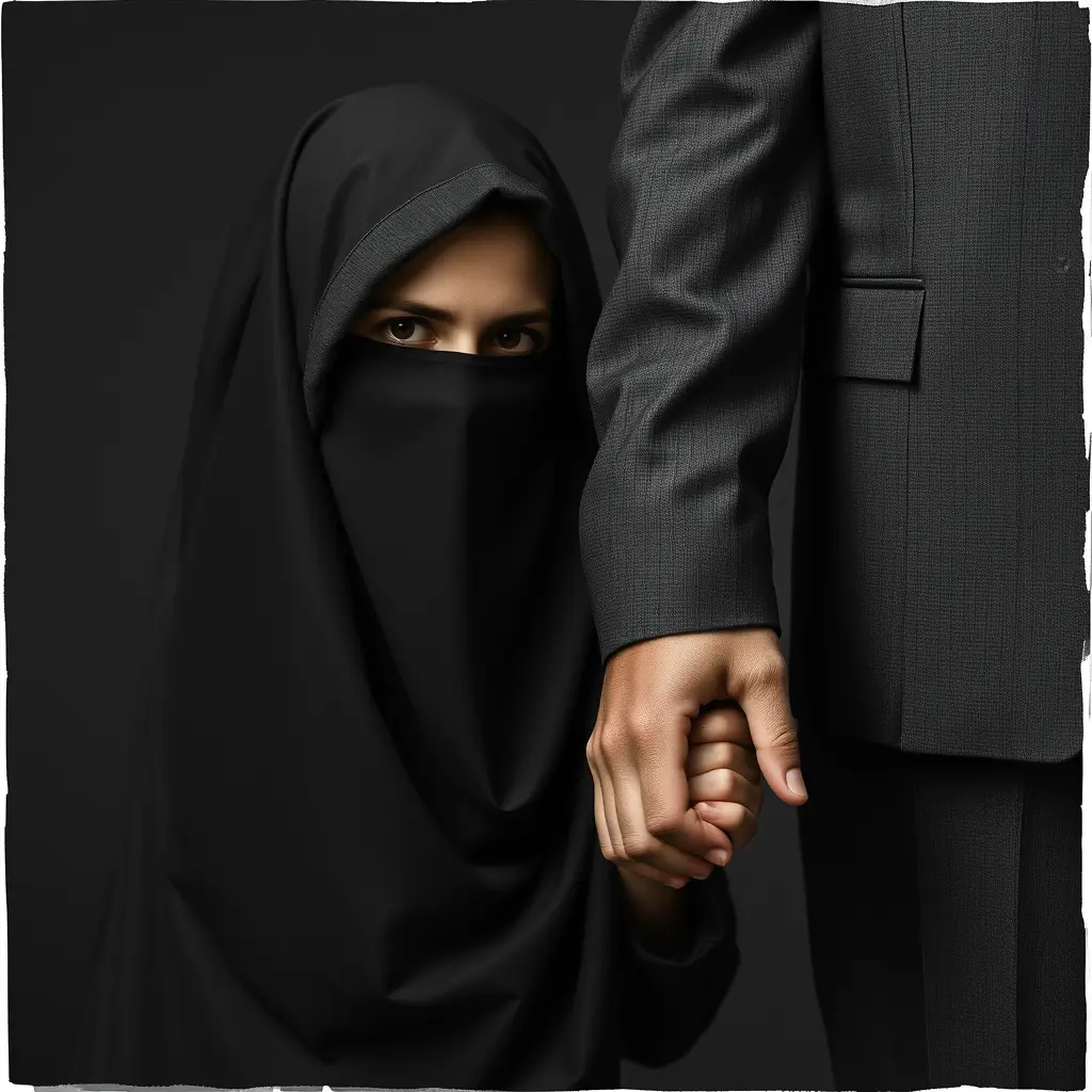 فتاة محجبة تمسك يد زوجها