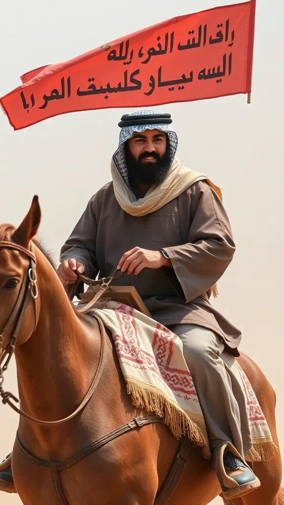 صورة رجل عربي يرتدي الزي العربي وهوا يمتطي حصان عربي ويحمل راية مكتوب عليهة عشيرة البوظاهر قبيلة البوشعبان