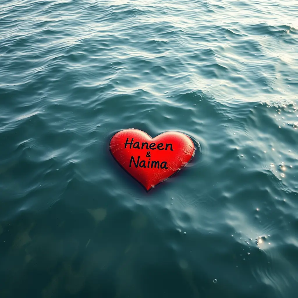 قلب أحمر في البحر مكتوب عليه إسم حنين ونعيمة بطريقو رائعة جدا