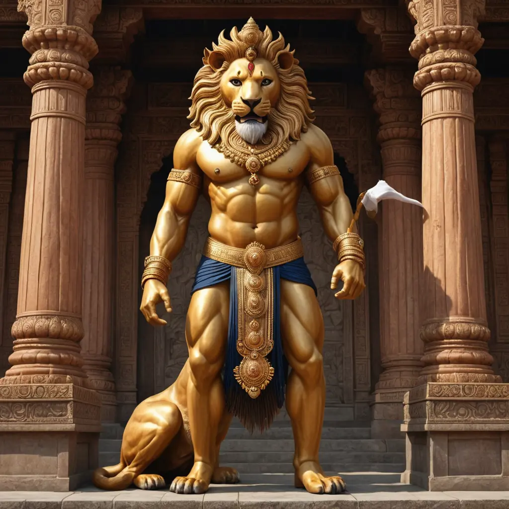 Hyper realistic Incarnation of narsimha as lion and human body in hindu temple background