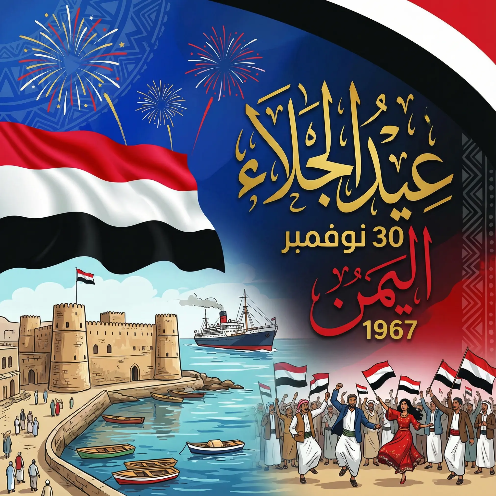 عايزة تصميم عيد الجلاء أو عيد الاستقلال يحتفل به في اليمن في يوم 30 نوفمبر من كل عام، وهو تاريخ جلاء آخر جندي بريطاني عن أراضي جنوب اليمن المحتلة في 30 نوفمبر 1967م.