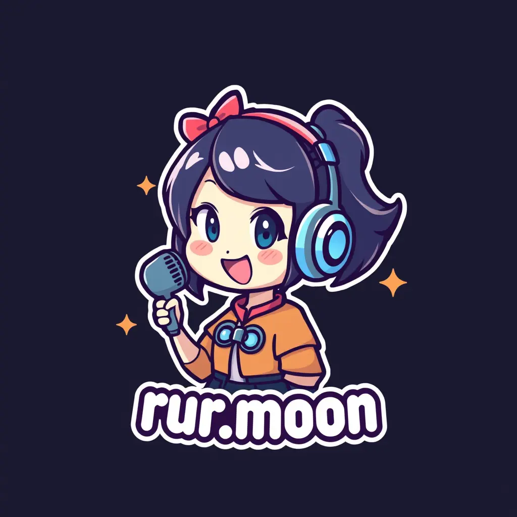 Generate a detailed mascot style logo in 3d for a company named 'rur.moon' in the entertainment field. The logo should prominently feature Voice over and Anime and Anime cute girl .