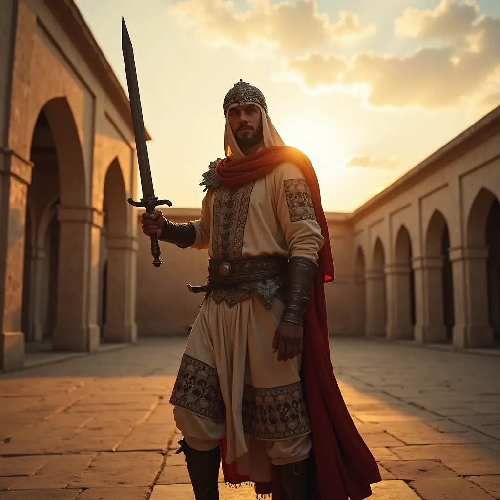 محارب يشهر سيفه لأعلى من العصر العباسي, في ساحة القصر مع طلوع الشمس