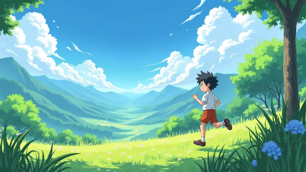 منظر طبيعي جميل فيه طفل انمي عمر 13 يركض وهو مبتسم