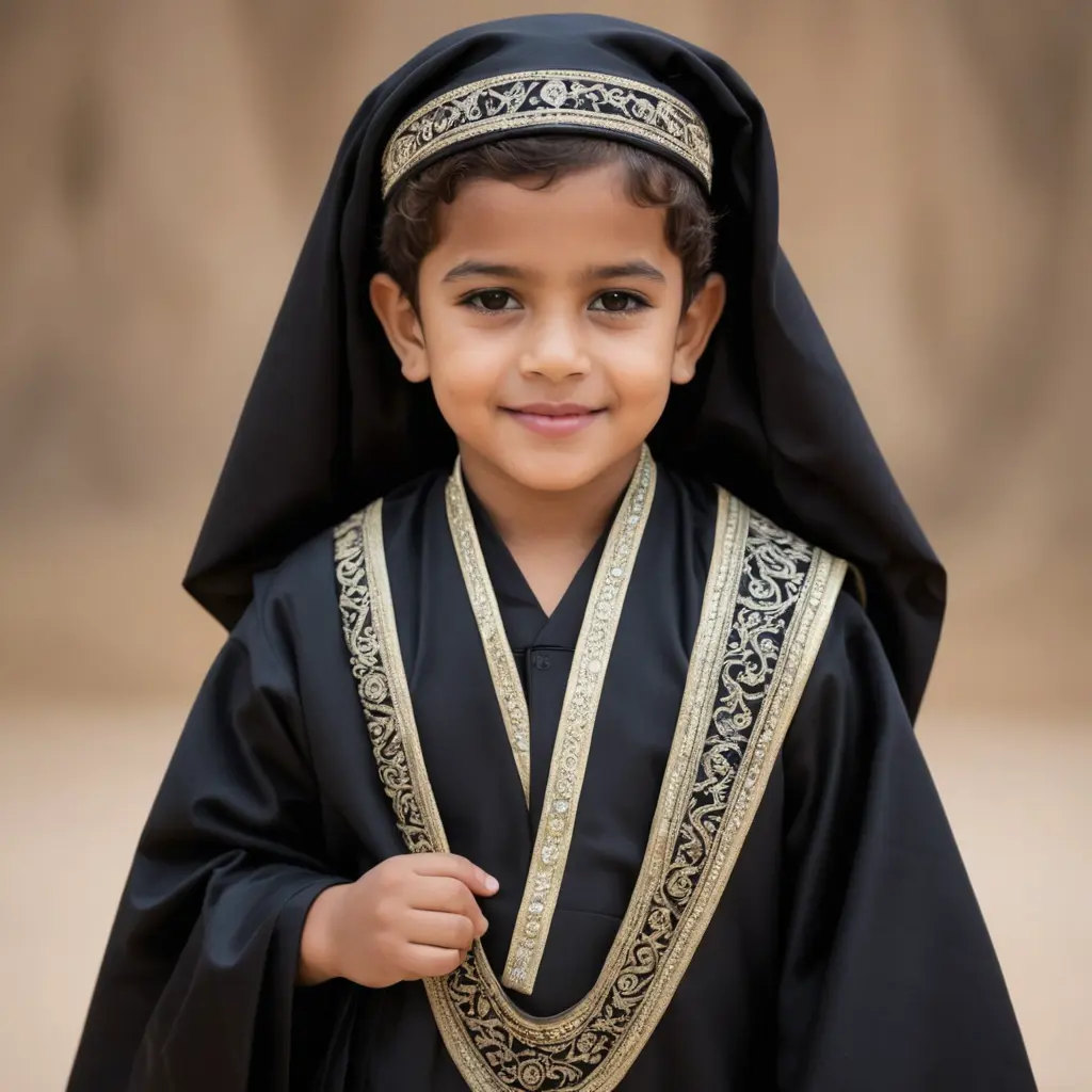 صورة طفل يلبس لبس عريس سعودي بشت لون اسود مع الشال والعقال