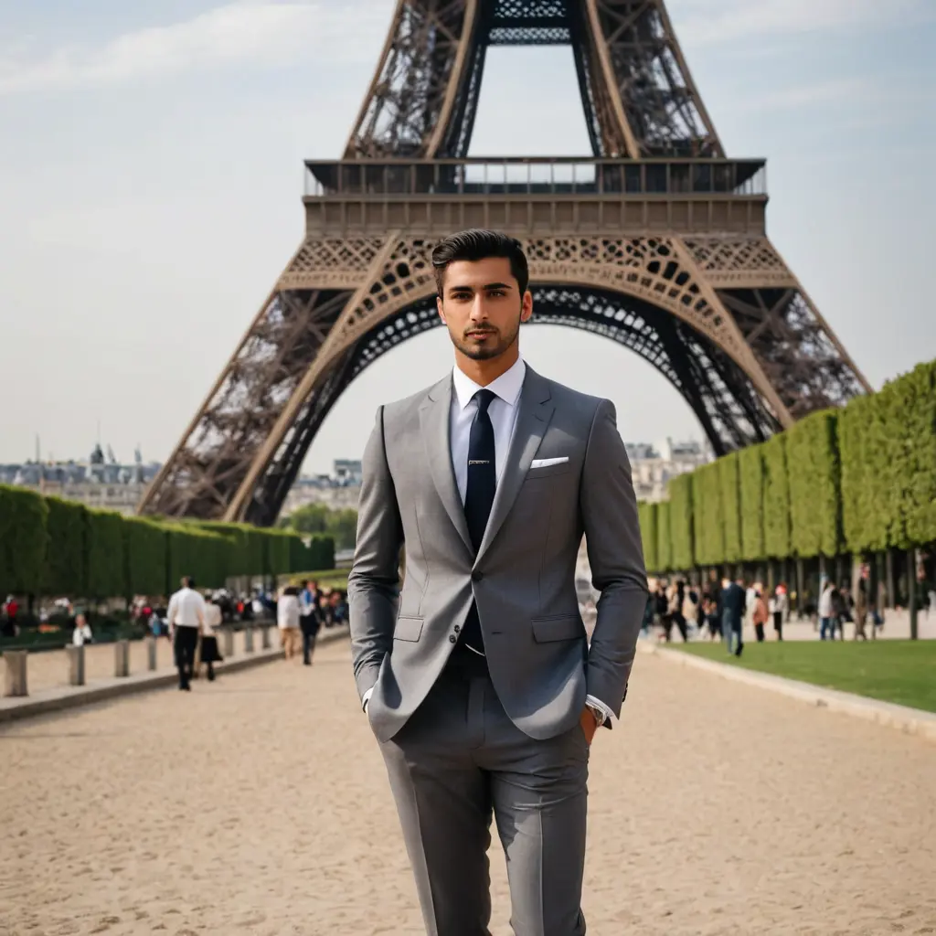اريد صوره لشاب اماراتي وسيم وجميل ويكون يرتدي بدلة موضه جديده موضه أوروبية وتكون الصوره في باريس أمام برج ايفل في فرنسا وتكون الصوره واقعية جداً واشئ من ذالك