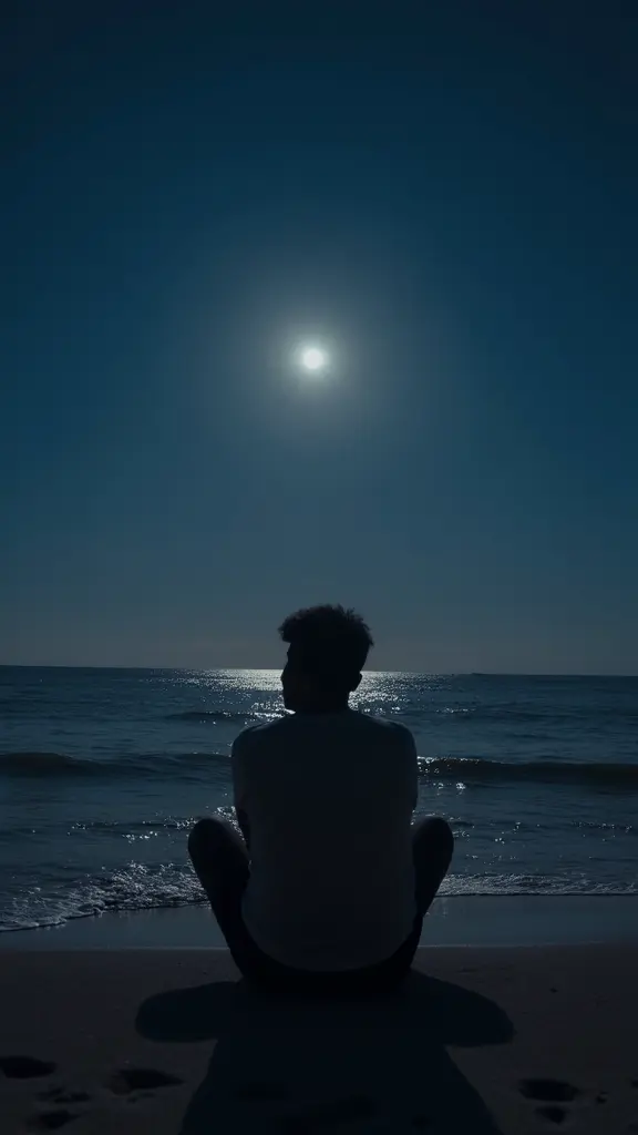 صوره لشخص يجلس على الشاطئ البحر فى الليل