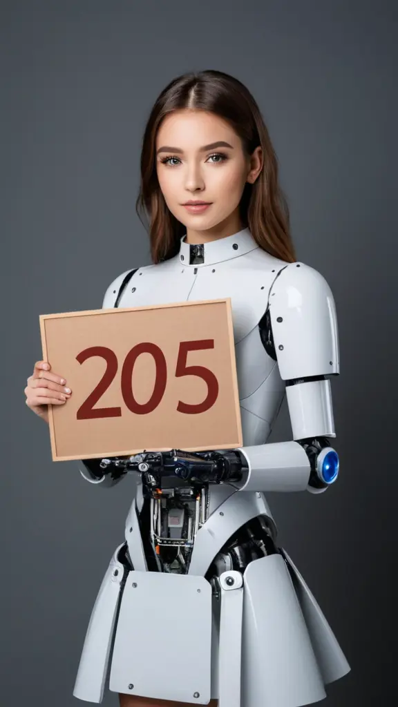 اجعل روبوت على هيئة فتاة جميلة تحمل بيديها لافتة مكتوب عليها رقم 2025 