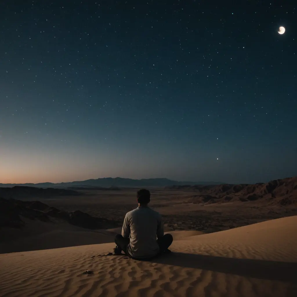 رجل جالس في الصحراء في الليل السماء فيها قمر ونجوم تدء الصحراء