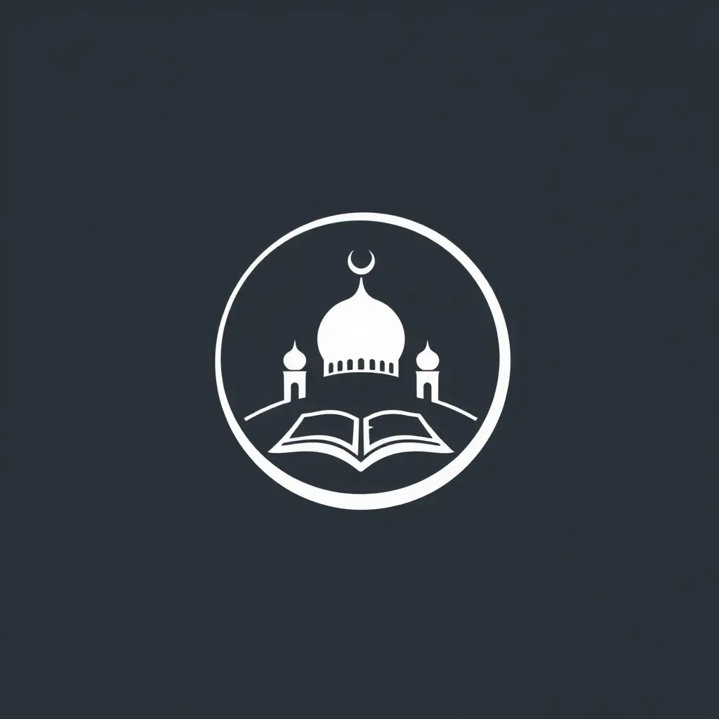 Generate a minimalistic logo in 2d for a company named 'iqraa ' in the religious field. The logo should prominently feature Mosque and circle and Quran .