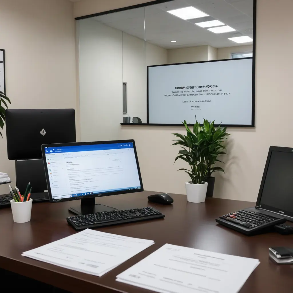 صورة لمكتب فخم وعليه جهاز كمبيوتر ولاب توب واله حاسبة واوراق وفي خلفية المكتب يافطة بأسم Ramy Salah Mousa وبدون اشخاص في الصورة