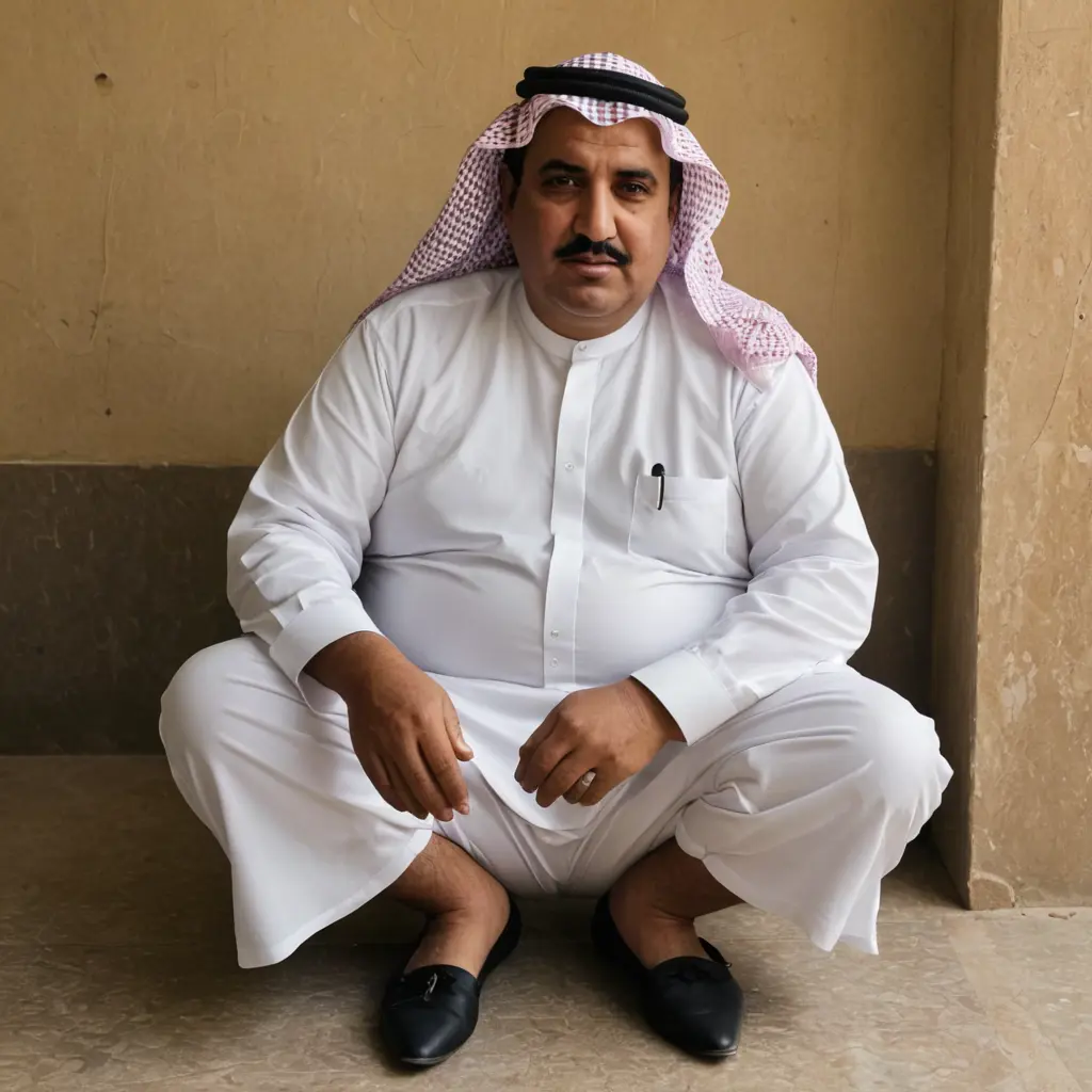 رجل سمين خمسيني سعودي لابس كلسون وقاعد