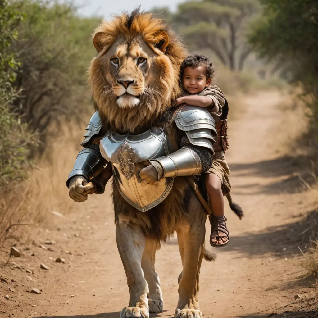 اسد يحمل طفل على ظهره والطفل يلبس درع