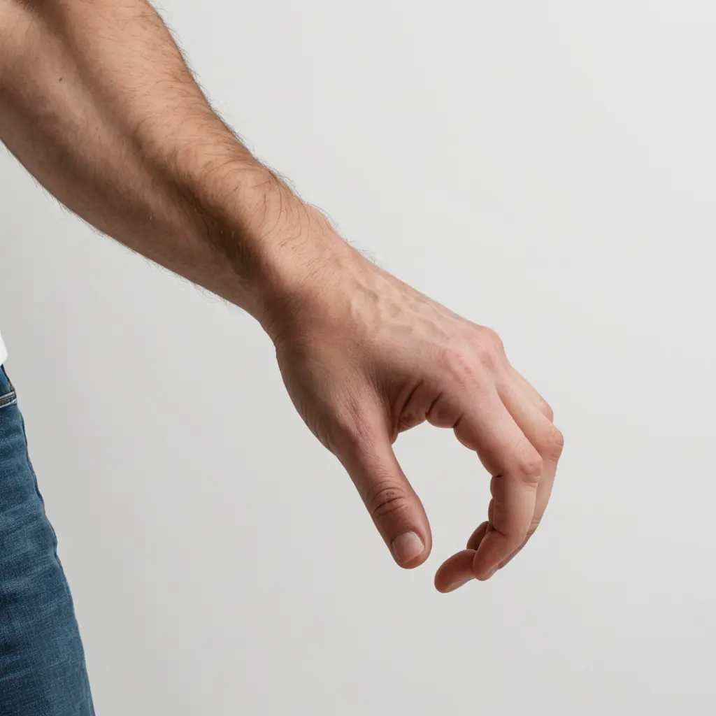 يد رجل كاملة الى المرفق واقعة على الارض خلفية بيضاء