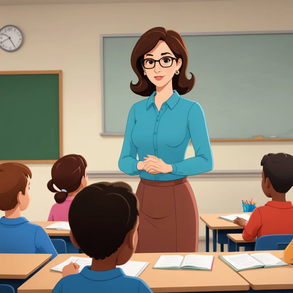 صورة كرتونية لمعلمة امام طلابها في الصف والطلاب يستمعون اليها بتركيز
