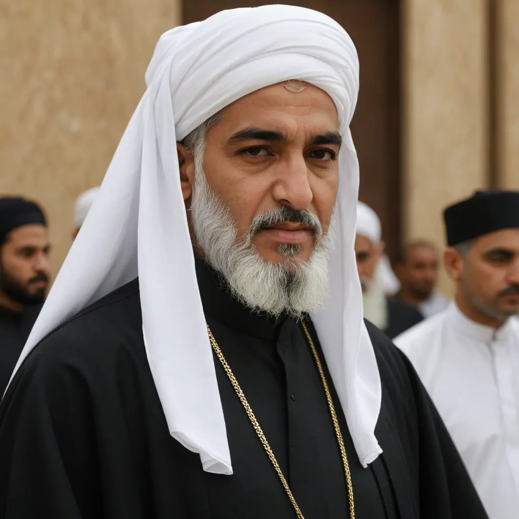 شيخ شيعي يرتدي عبايه وجلباب اسود وعمامه بيضاء وتكون العدسة من الجنب