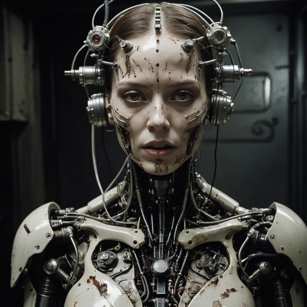 futuristic Soviet psychotronic-warfare technician operating a psycho-mechanical device by Joel Peter Witkin, ayami kojima and karol bak, El Lissitzky, trans-humanism and cybernetic enhancements.,the film "Begotten", psychotronic machines, Cyrillic lettering, realistic, detailed face, dark, cyberpunk, metallic mechanisms, Psychological Warfare, film damage, MK Ultra, fingerprints, iris scanner, hands, reel-to-reel tape recorder, projections, chemical stains, code, security monitors, Asiatic eye shape, stroboscopic , smeared image , scratched-up photo print, distressed textures, dirt, grime, spot blurring, Russian writing, all in Russian Constructivism design, Asian eye shape, red Cyrillic lettering, eye detail, some rust, crusty, ancient, Industrial machines connected to the body, Black Metal music style, Hideous, biomechanics , detail of flesh-stretched human subjects physically fused with metal and mechanisms in a terrifying H. R. Giger worn 16mm Top Secret Soviet government of clandestine Bio-Mechanical Cyborg Medical Experiments, dead flesh re-animated by mechanical means, horror, science fiction, dark, intricately mechanistic with scavenged metal parts for growing flesh over to create a body with beyond humanoid capability for sentient A. I. to use, trash-flesh, German Shepard, Wolf's head, realistic, detailed , necrosis, SPK - Leichenschrei Album 1982 , medical photography, autopsy photo, dead flesh, pale, necrotic mutation, wearing dead human face stretched and wired in place, human and animal body parts, intricate, EVIL-looking, metal pieces, loose hanging flesh, visible clusters of polyps, MACHINES , Bad Flesh, fish parts, graphs, open mouth, cyborg, war, scrap metal, nervous system disorder, HORRIFYING, messy, Frankenstein, barbed wire, hell on earth, unwanted, repulsive, freakish, bionic, oval eye sockets, 2011Porn Kate Mandala, super-realistic, detail of face-flesh-stretched human subjects physically fused with metal and mechanisms in a terrifying worn 16mm Top Secret Soviet government film shot of clandestine Bio-Mechanical Cyborg Medical Experiments, dead flesh re-animated by mechanical means, horror, science fiction, dark, intricately mechanistic with scavenged metal parts as scaffolding for growing flesh over to create a body with beyond humanoid capability for sentient A. I. to use, trash-flesh, by ayami kojima and karol bak, realistic, detailed , necrosis, cow skull, medical photography, autopsy photo, dead flesh, pale, necrotic mutation, wearing dead human face stretched and wired in place, human and animal body parts, Robocop, DaDa art collage, comes to life supernaturally, lurid, Medical Experiments, ominous, and mind-bending, this is the realm of Electronic Dream Manipulation, occult vibes, and techno-shamanism. Brace for an evocative journey into remote viewing, targeted individuals, and the secrets of V2K and Mind Control, mind-bending, inhuman, cadaver, blobs, fleshy, fat, cellulite, weird viewing angle, weird lighting, disgusting, body, burn victim, mucus membrane, vile, putrid, oozing, pus, wet dirty skin detail, slimy, monstrous, detailed, warped, Horror, dark, monstrous, wet skin, skin detail, nightmarish, hallucinatory, vile, disgusting, melting skin, surreal, rotten color, scary, Black Metal, Gorgorth