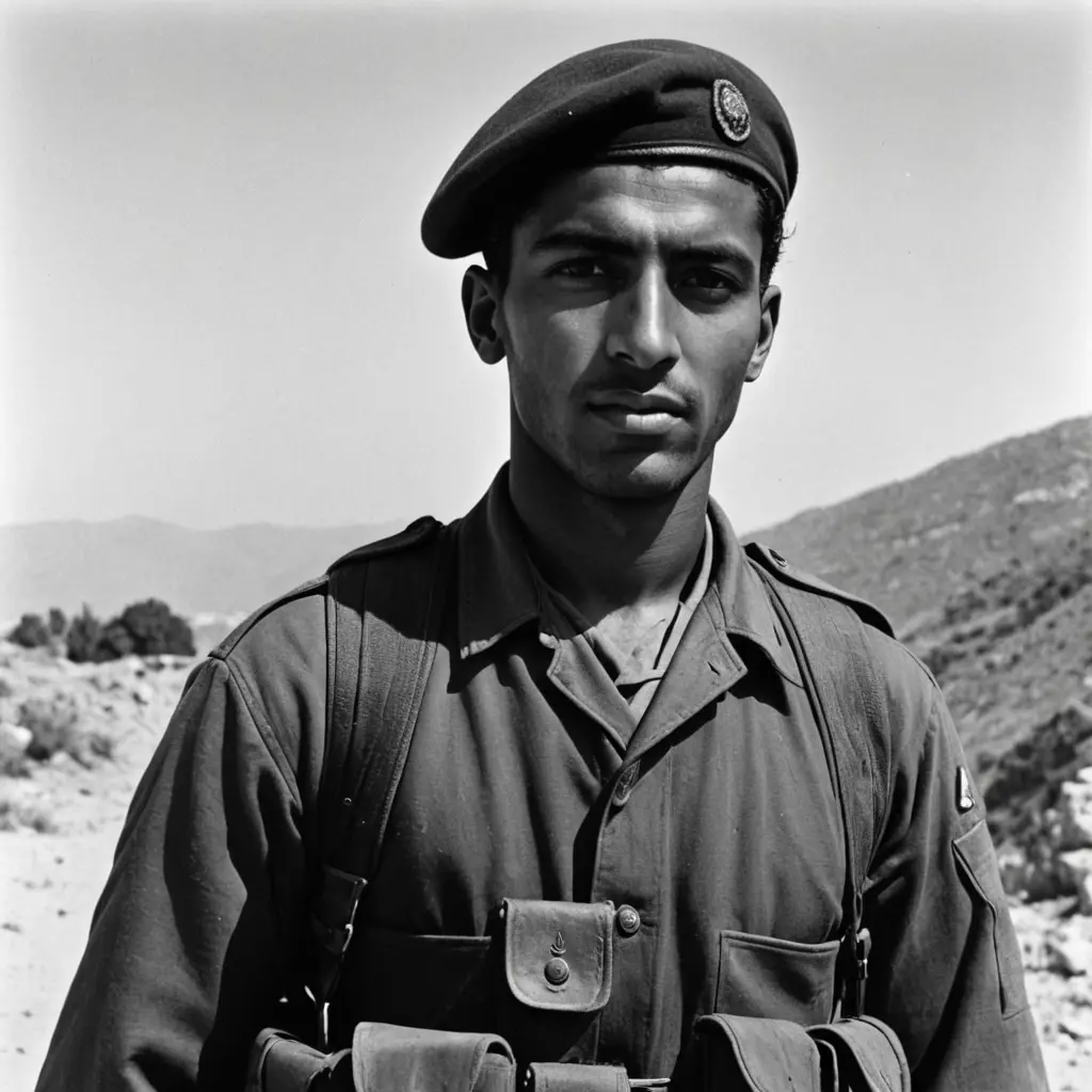 صورة جندي ايطالي اسمر البشرة قليلا له ملامح عربية من الحرب العالمية الثانية ويرتدي حاملة ذخيرة والخلفية بيضاء